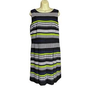 Tahari Bright Green Navy Black Geometric Patterned Sleeveless Dress, size 14